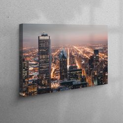 3d canvas, large canvas, large wall art, night view of the chicago canvas print, city landscape canvas, landscape artwor