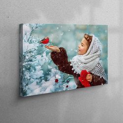 3d wall art, large canvas, living room wall art, lovely girl art canvas, bird artwork, landscape canvas art, red bird ca