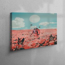 3d wall art, wall art, canvas decor, flower field canvas print, moon landscape canvas, flower poster, full moon art, but