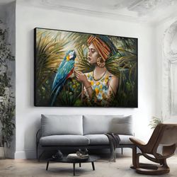 african woman and parrot canvas painting, ethnic woman canvas wall art, extra large wall art, wall art design, framed ca
