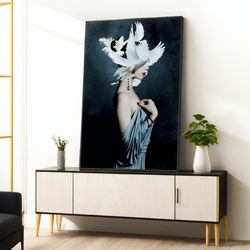 art of naked woman with white leafy head, woman canvas painting, nude girl wall art, fashion woman wall art, framed canv