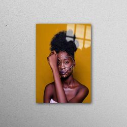 glass, tempered glass, wall decoration, african wall art, black woman glass wall, shimmery glass wall art, woman photo g