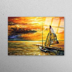 glass, wall decor, glass wall decor, sunset glass printing, sea glass wall, landscape wall art, boat wall decoration, oi