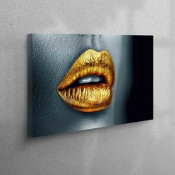 gold lip wall art, erotic lip art canvas, gold lipstick printed, 3d canvas, nude poster, housewarming gift, girl room wa