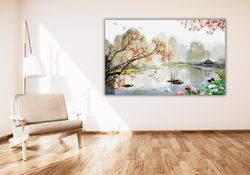 japanese view poster print, japanese pine tree and birds landscape wall art, japanese wall decor, landscape print, vinta