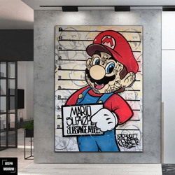 criminal mario graffiti pop art canvas, banksy style pop art, super mario pop art, street graffiti wall art