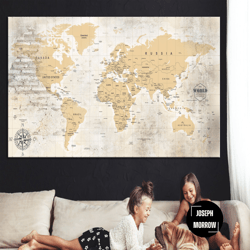 antique beige world map print orange map of the world multi panel print original textured map print for living room deco