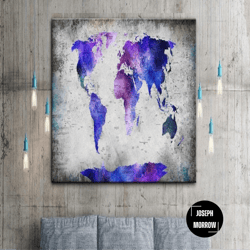 blue and purple world map poster original wall hanging print modern colorful world map decor for living room
