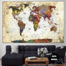 beige world map print vintage map of the world multi panel print original office wall hanging decor textured map print f