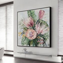 large wall art canvas, floral wall art, pink and blue meadow print, extra large wall art design, framed canvas ready to