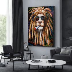 lion with headphones art, rasta lion canvas art, lion poster, wall art canvas design, framed canvas ready to hang