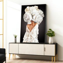 woman with white rose head canvas art, white flowes head woman, woman poster, modern home decor, fashion wall art, frame