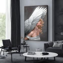 woman with white wings canvas wall art , flower head woman canvas painting, wall art canvas design, framed canvas ready