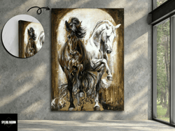 brown and white horses canvas prints, animal canvas, nature poster, couple animal, horse modern canvas, office descor