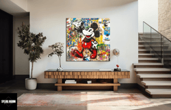 cartoon character mickey mouse pop art canvas, graffiti cartoon poster art, square print modern canvas