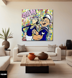 cartoon popeye olive oyl pop art canvas, graffiti couple poster art, square print modern canvas