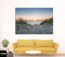 sand dunes on the beach at canvas, sunset birds stunning seascape modern design, sunset print canvas