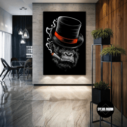 angry gorilla wall art, black hat canvas art, modern wall decor, roll up canvas, stretched canvas art, framed wall art p