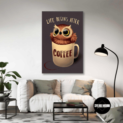 coffee wall art, owl canvas art, coffee wall decor, cafe wall decor, roll up canvas, stretched canvas art, framed wall a