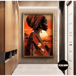 sunset and african local woman, african woman art, modern art, wall art canvas, ready to hang canvas painting, canvas gi