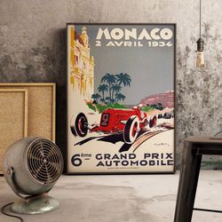 vintage monaco grand prix race poster 1934 , retro grand prix poster