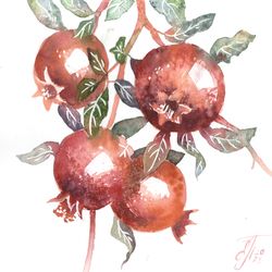 pomegranate painting original art red fruit watercolor wall art botanical artwork