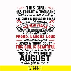 this girl has fought a thousand battles and is still standing svg, this girl was born in august svg, birthday svg, png,