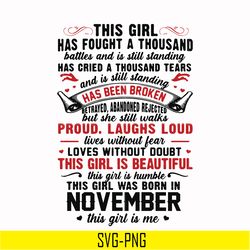 this girl has fought a thousand battles and is still standing svg, this girl was born in november svg, birthday svg, png
