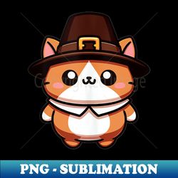 chubby brown kawaii kitten in pilgrim hat - modern sublimation png file - enhance your apparel with stunning detail