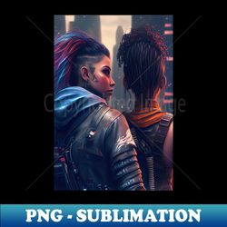 futuristic cyberpunk lesbian lovers embrace in emotional portrait - exclusive png sublimation download - revolutionize your designs