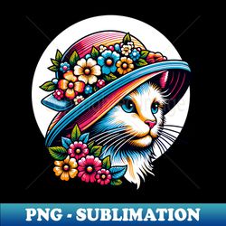 cat wearing a hat with flowers - png transparent digital download file for sublimation