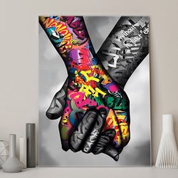 banksy holding hands graffiti art canvas print,romantic urban wall decor,unique modern art poster,colorful street artwor