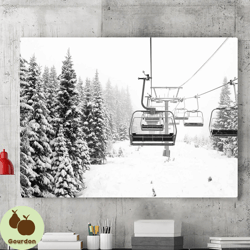 winter ski lift canvas wall art painting, winter canvas wall decoration, spruce tree wall art, living room art, home dec