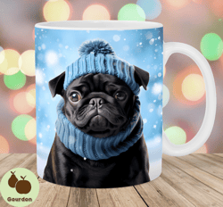 3d black pug christmas mug wrap, 11oz  15oz mug template, mug sublimation design, dog mug wrap template, instant digital