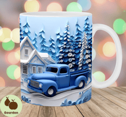 3d blue truck mug wrap, 11oz  15oz mug template, mug sublimation design, christmas mug wrap template, instant digital do