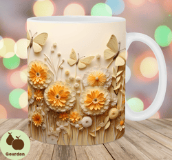 3d butterflies mug wrap, 11oz  15oz mug template, mug sublimation design, yellow flowers mug wrap template, instant digi