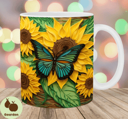 3d butterfly sunflowers mug wrap, 11oz  15oz mug template, mug sublimation design, mug wrap template, instant digital do