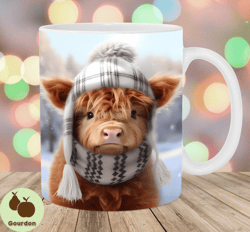 3d highland cow christmas mug wrap, 11oz and 15oz mug template, mug sublimation design, mug wrap template, instant digit