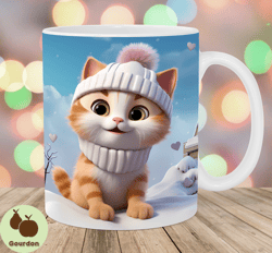 3d kitten mug wrap, 11oz  15oz mug template, christmas mug sublimation design, snow mug wrap template, instant digital d