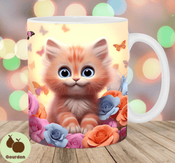 3d kitten mug wrap, 11oz  15oz mug template, flowers mug sublimation design, butterflies mug wrap template, instant digi