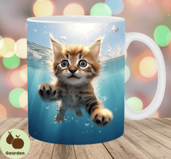 3d kitten underwater mug wrap, 11oz  15oz mug template, mug sublimation design, ocean mug wrap template, instant digital