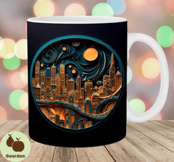 3d night city landscape mug wrap, 11oz and 15oz mug template, mug sublimation design, mug wrap template, instant digital