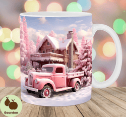 3d pink truck christmas mug wrap, 11oz and 15oz mug template, mug sublimation design, mug wrap template, instant digital