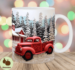 3d red truck christmas mug wrap, 11oz and 15oz mug template, mug sublimation design, mug wrap template, instant digital