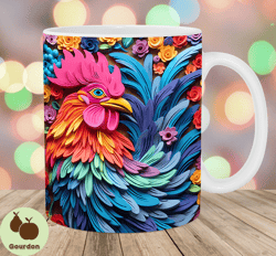 3d rooster mug wrap, 11oz  15oz mug template, colorful mug sublimation design, flower mug wrap template, instant digital