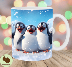 3d three penguins mug wrap, 11oz  15oz mug template, snow mug sublimation design, christmas mug wrap template, instant d