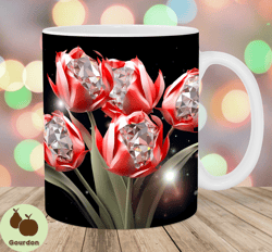 3d tulips mug wrap, 11oz  15oz mug template, mug sublimation design, crystal flowers mug wrap template, instant digital