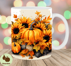 autumn pumpkins mug wrap, 11oz  15oz mug template, mug sublimation design, sunflowers mug wrap template, instant digital