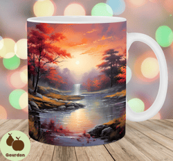autumn river landscape mug wrap, 11oz and 15oz mug template, mug sublimation design, mug wrap template, instant digital