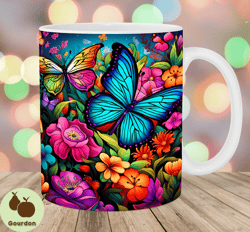 colorful butterflies flowers mug wrap, 11oz  15oz mug template, mug sublimation design, mug wrap template, instant digit